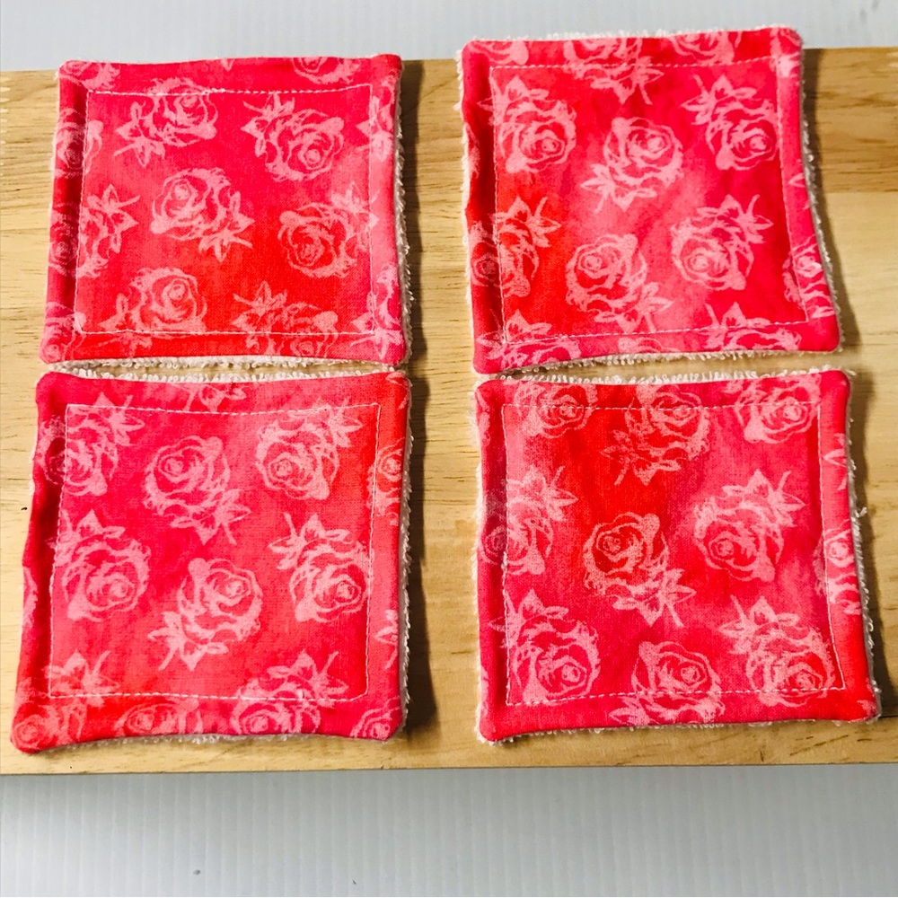 Reusable Set of Four Pink Roses Fabric and Terry Cloth Makeup Remover Cloths